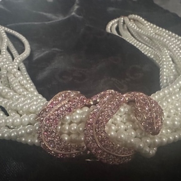 Stunning Kenneth Jay Lane Faux Pearl Snake Pink Rhinestone Necklace! - Picture 4 of 16